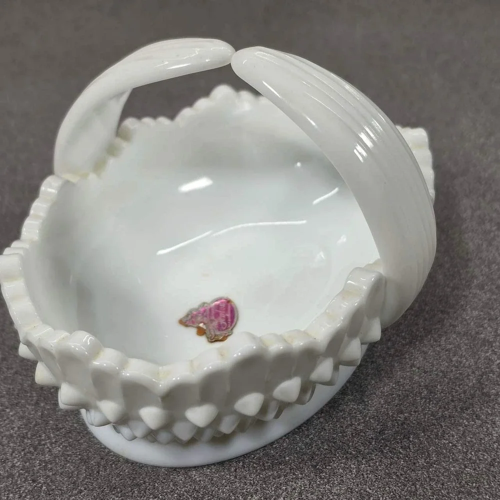 Fenton Basket Milk Glass White Excellent Hobnail Scalloped Split Handle 6.5in